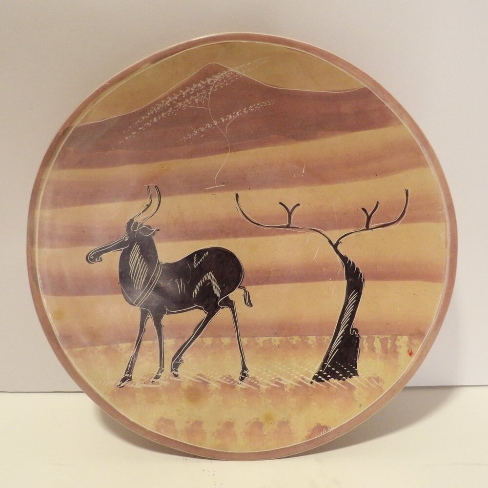 + Vintage Kisii Soapstone plate hand carved African Antelope & tree Kenya 10"